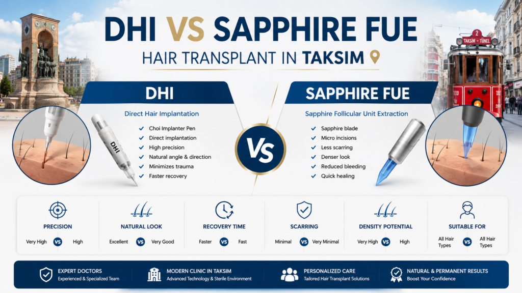 DHI VS SAPPHIRE FUE HAIR TRANSPLANT IN TAKSIM comparison banner showing DHI and Sapphire FUE hair transplant techniques in Istanbul Taksim with modern clinic visuals, implantation tools, recovery benefits, natural hairline results, and advanced hair restoration technology.