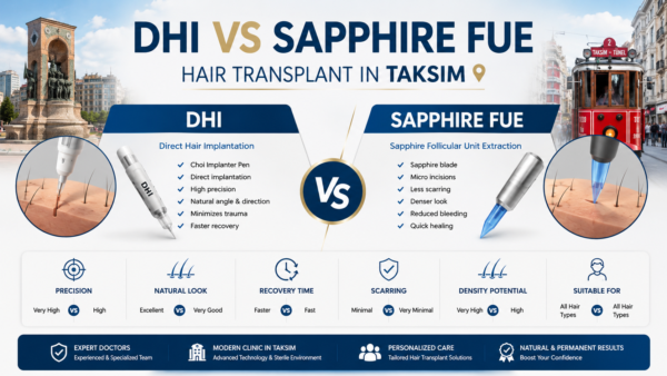 DHI VS SAPPHIRE FUE HAIR TRANSPLANT IN TAKSIM comparison banner showing DHI and Sapphire FUE hair transplant techniques in Istanbul Taksim with modern clinic visuals, implantation tools, recovery benefits, natural hairline results, and advanced hair restoration technology.