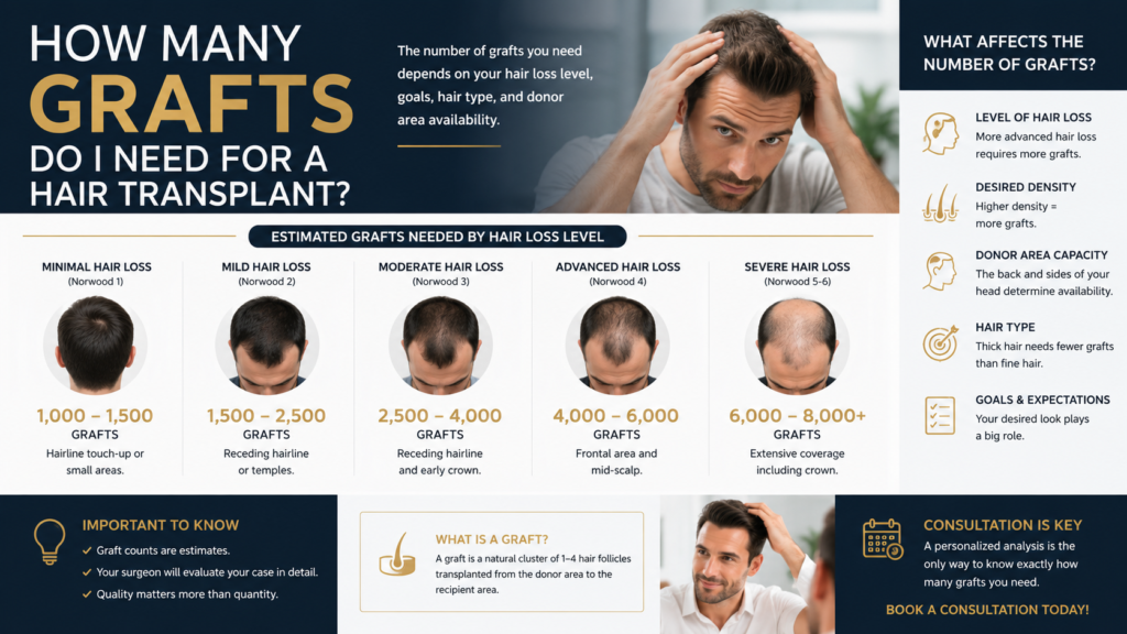HOW MANY GRAFTS text in bold gold and white typography on a dark blue luxury background representing hair transplant planning and graft calculation in Istanbul.