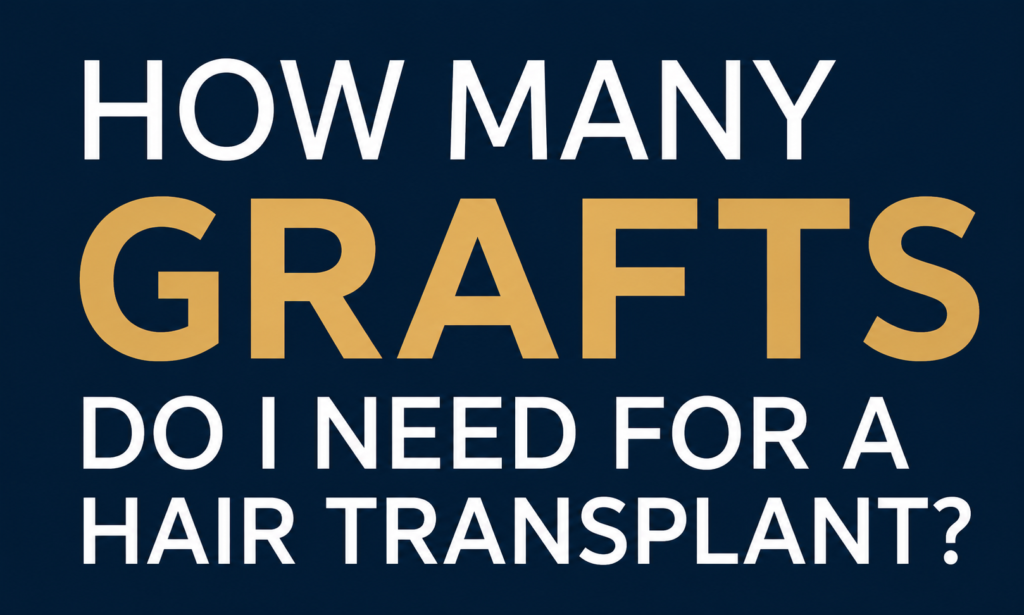 HOW MANY GRAFTS DO I NEED FOR A HAIR TRANSPLANT IN TAKSIM, ISTANBUL text design on a dark navy blue background with bold white and gold typography in a modern luxury hair transplant clinic style.